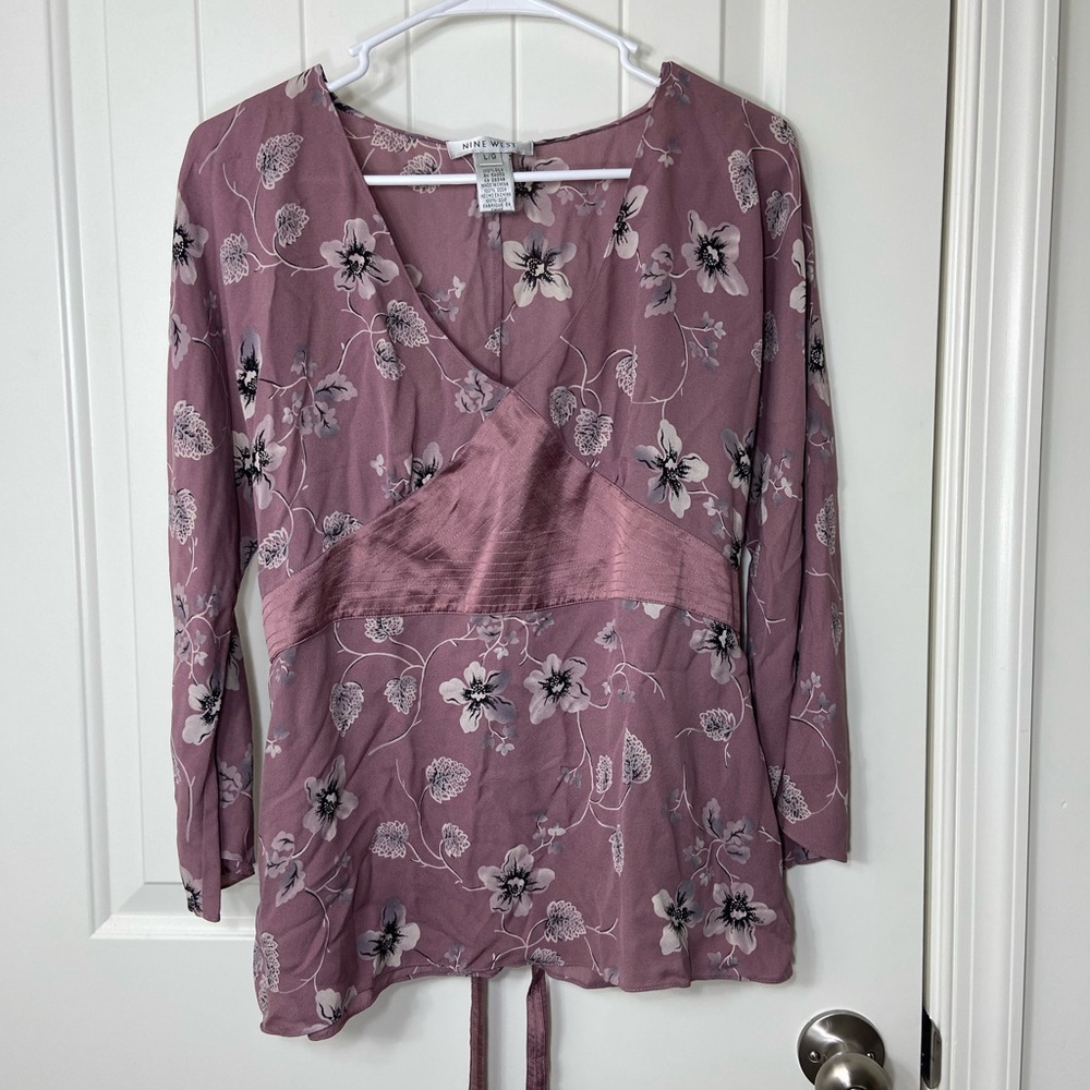 Nine West Mauve Floral V-Neck Wrap Top